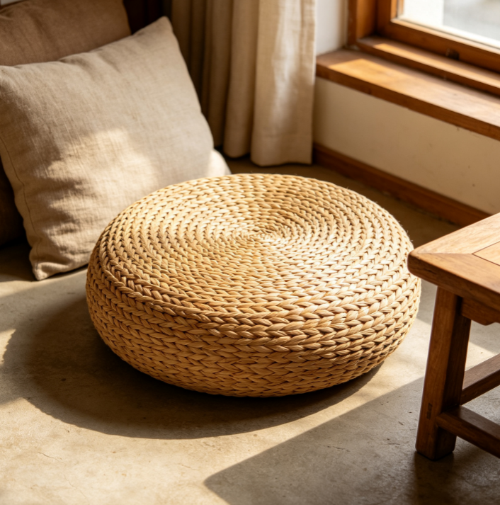 Woven Round Straw Floor Cushion Pouf